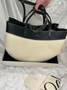 Polène Two-Tone Black and Cream twill Canvas Cyme Tissé Tote